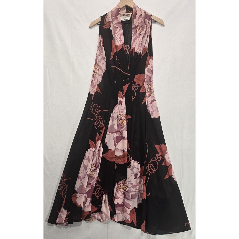 Vintage 70s Chiffon Wrap Dress Women's 8 Black Bold Floral Sheer Midi Boho Disco